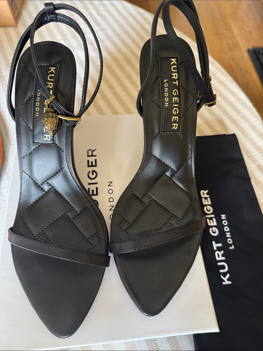 Kurt Geiger Black Leather Strappy High Heel Sandals with Gold Charm